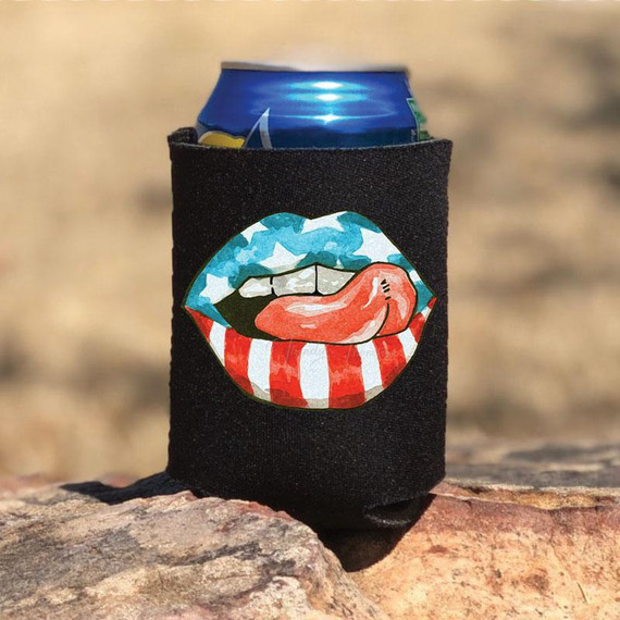 Patriotic Lips HAT/CAN HUGGER Screen Print Transfer, colorful lip graphic with American flag design and tongue sticking out on a black fabric can hugger.