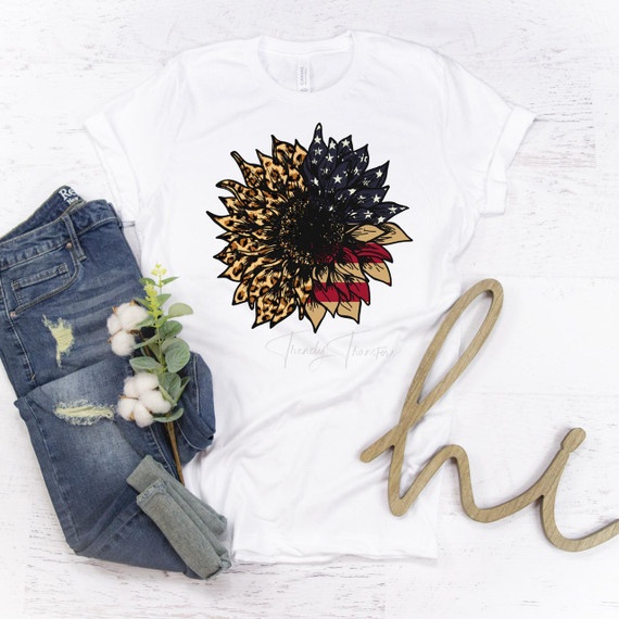 Patriotic Leopard Flag Sunflower Sublimation Transfer, a t-shirt with a sunflower design combining leopard print and American flag pattern.