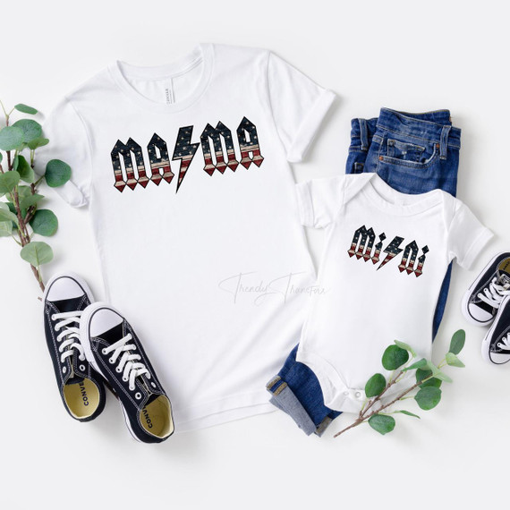 AC DC MINI flag print patriotic Sublimation Transfer, product featuring mini flag print design celebrating USA patriotism on white t-shirts for adults and children.