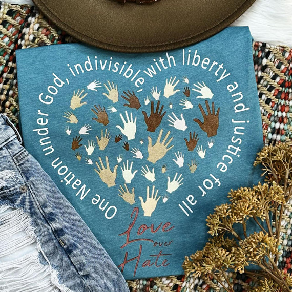Love Over Hate One Nation LIGHT COLORS ONLY-FINAL STOCK Screen Print Heat Transfer, featuring multi-colored hands forming a heart shape on a blue fabric background.