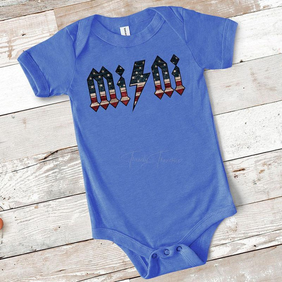 Mini Bolt Flag Infant Screen Print Heat Transfer, blue baby onesie with American flag-inspired lightning bolt graphic design.