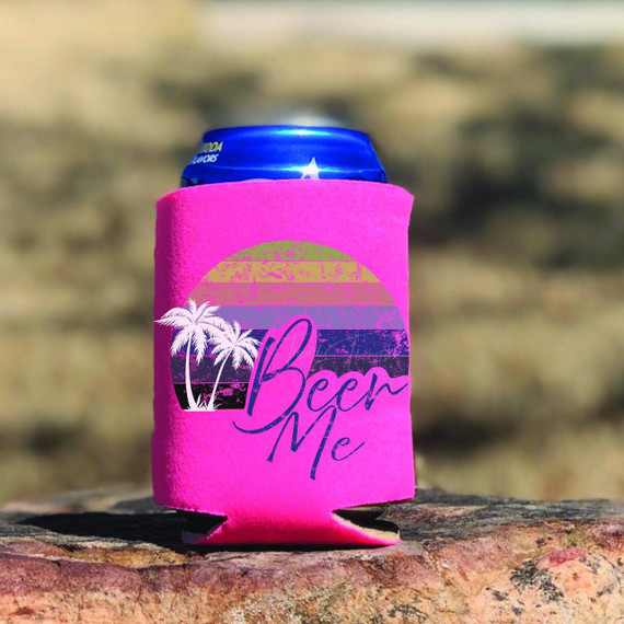 Beer me Can Hugger Screen Print Heat Transfer, pink can koozie with palm trees and sunset graphic, designed to insulate beverage cans.