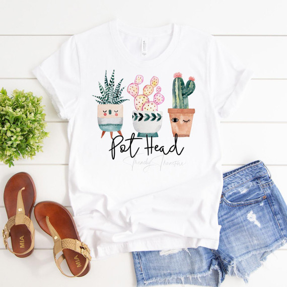 Pot Head cactus succulent gardening plants pun funny Sublimation Transfer T-shirt, featuring a cute graphic of three potted succulents with a playful design and the caption 'Pot Head' in stylish script.
