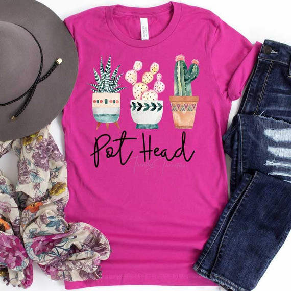 Pot Head Cactus Succulent Screen Print Heat Transfer, Pink T-shirt with colorful cactus design and 'Pot Head' text