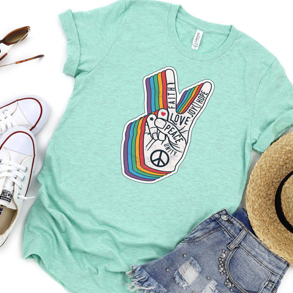 Peace Hand Screen Print Heat Transfer, colorful peace sign design with messages of love, faith, hope, peace, and unity on a mint green t-shirt.
