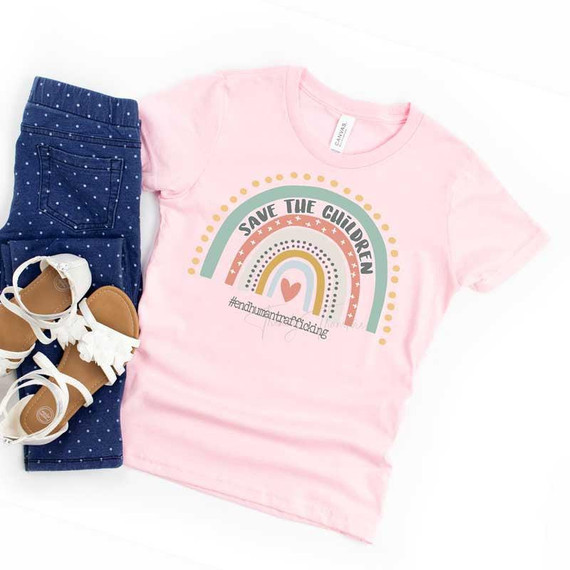 Save The Children Rainbow YOUTH Screen Print Heat Transfer, pink t-shirt with rainbow design and hashtag #endhumantrafficking.