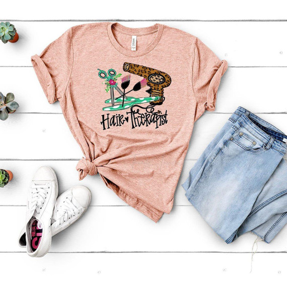 Hair Therapist Screen Print Heat Transfer, pink t-shirt with hair dryer and salon tools graphic design.