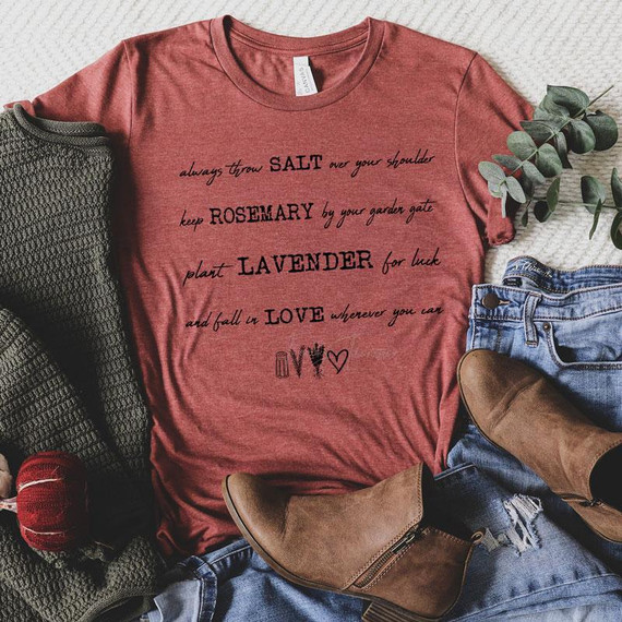 Practical Magic Spell Black Screen Print Heat Transfer T-Shirt, design featuring a poetic spell with illustrations of salt, rosemary, lavender, love, and hearts.