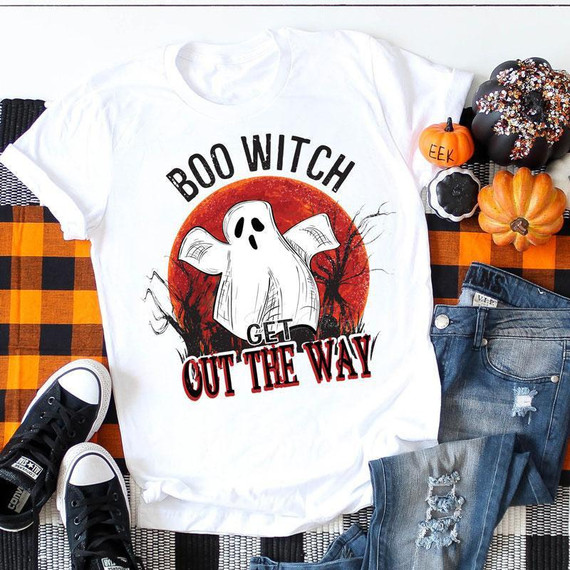 Boo Witch Get Out The Way Sublimation Transfer, Halloween themed t-shirt with ghost graphic and playful text design.