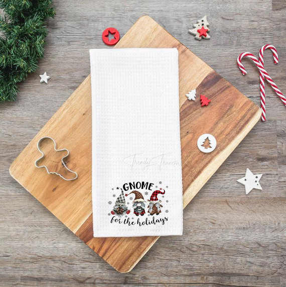 GNOME For The Holidays Tea Towel Screen Print Heat Transfer, white tea towel with festive gnome design for holiday decoration.