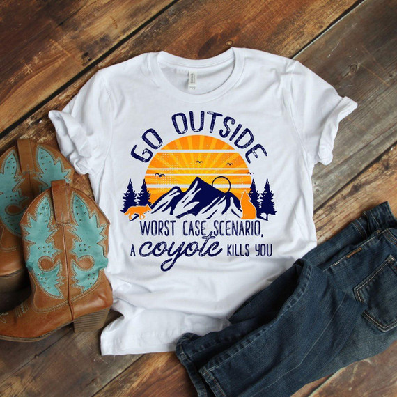 Go Outside What's the Worst that Can Happen Sublimation Transfer, white t-shirt with a mountain and sunset design and humorous text.