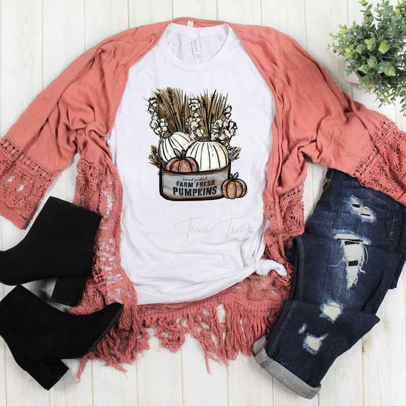 Farm Fresh Pumpkins Sublimation Transfer, graphic design of pumpkins with fall foliage on a white t-shirt.