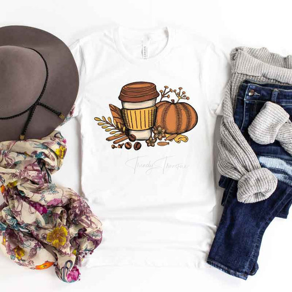 Pumpkin Spice Drawing Sublimation Transfer, autumn-themed design with a pumpkin, coffee cup, and seasonal foliage on a white T-shirt.