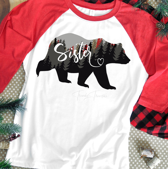 Sister Bear Screen Print Heat Transfer T-shirt, featuring a bear silhouette filled with forest landscape and the word 'Sister' in cursive with a small heart.
