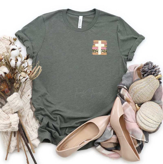 Brushstroke Cross POCKET Screen Print Heat Transfer, gray T-shirt with a small cross design on the chest.