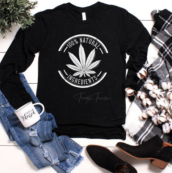 100% Natural Ingredients Screen Print Heat Transfer, black sweatshirt with a white cannabis leaf design and text