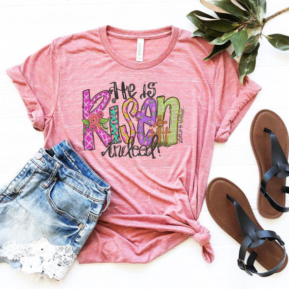 He Is Risen Indeed Sublimation Transfer, colorful and vibrant greeting card design with Easter-themed text and decor.