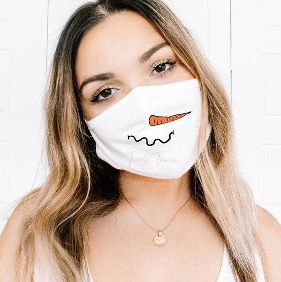 Snowman Nose Pocket Screen Print Heat Transfer, white face mask with cartoon carrot nose and squiggly mouth design