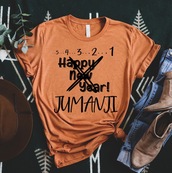 3 2 1 Jumanji FINAL STOCK Screen Print Transfer T-shirt, orange short sleeve tee with humorous New Year countdown and Jumanji theme design.
