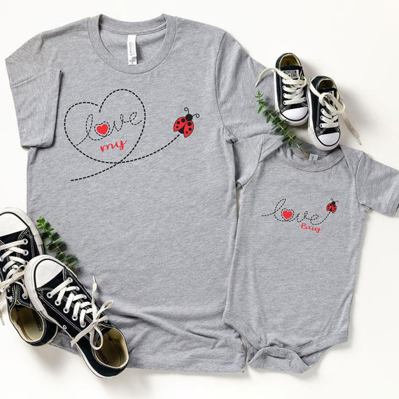 Love Bug INFANT Screen Print Heat Transfer, gray matching t-shirt and onesie with love bug design and heart details.