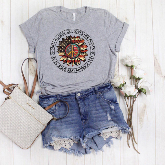 She's a Good Girl Loves Her Mama Screen Print Heat Transfer t-shirt, casual grey t-shirt with sunflower design and peace symbol with American flag pattern