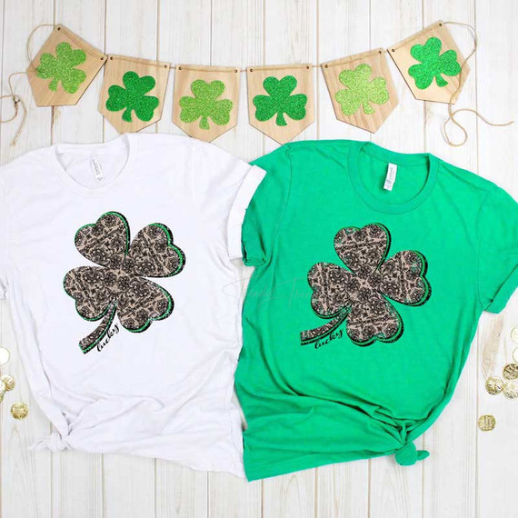 Lace 4 Leaf Clover Sublimation Transfer, green and black lace designed four-leaf clover on t-shirts with st. patrick's day decorations.