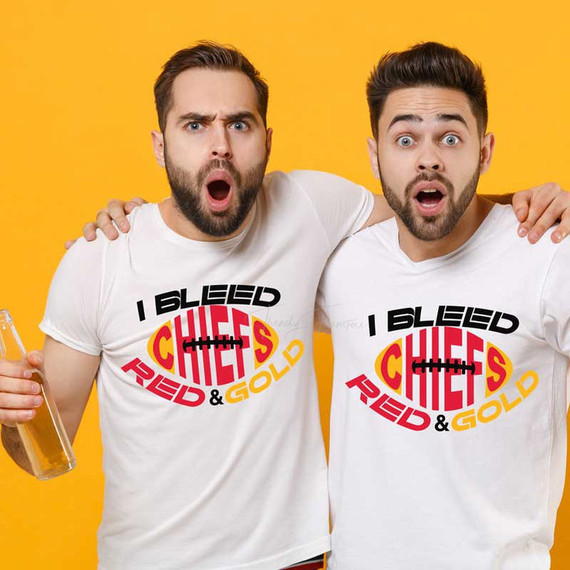 I Bleed Red & Gold Sublimation Transfer, two men in white t-shirts with surprised expressions posing against a yellow background.