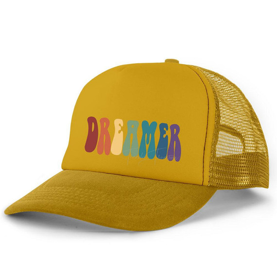 Dreamer HAT/POCKET Screen Print Heat Transfer, a yellow trucker hat with a colorful asmr lettering design on the front