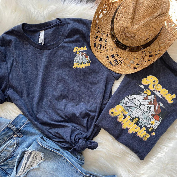 Road Trippin POCKET Screen Print Heat Transfer, designed for travel and adventure-themed apparel.