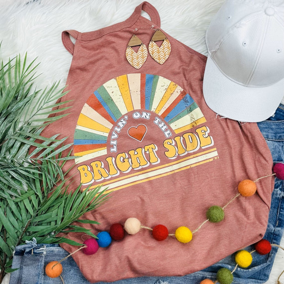 Livin' On The Bright Side Screen Print Heat Transfer, colorful retro-style design with rainbow stripes and upbeat quote.