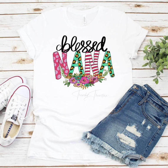Blessed Nana Sublimation Transfer, white T-shirt with colorful bouquet and striped lettering design.