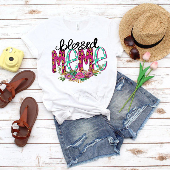 Blessed Meme Sublimation Transfer, white T-shirt with colorful floral and heart design and the words 'blessed meme' printed on it.