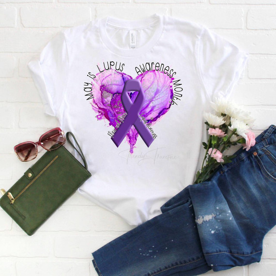 May Lupus Awareness Purple Ribbon Sublimation Transfer, a design with a purple awareness ribbon over a watercolor purple heart and the words 'My Lupus Awareness' and 'Fight Not Flare' around the heart.