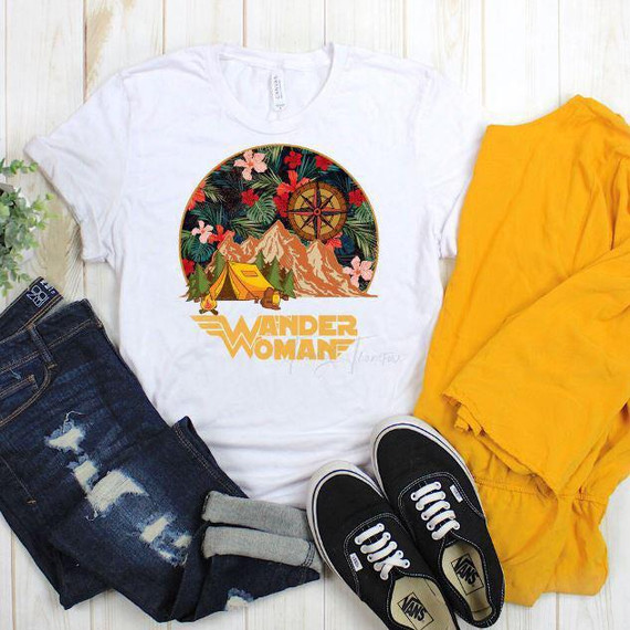 Wander Woman camping sublimation transfer, colorful camping scene with mountains, tent, and flowers on a white T-shirt