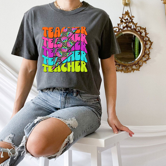 Teacher Neon Lightening Bolt DTF Heat Transfer