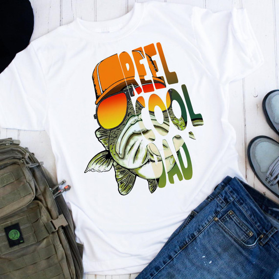 Reel Cool Dad Fishing Sublimation Transfer, illustrated fish wearing sunglasses and a cap with the text Reel Cool Dad.