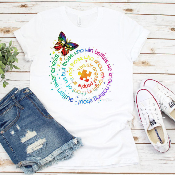 Autism Butterfly Word Spiral Autism Awareness Sublimation Transfer, colorful design on a white T-shirt featuring a butterfly and puzzle piece with an inspirational quote about autism.