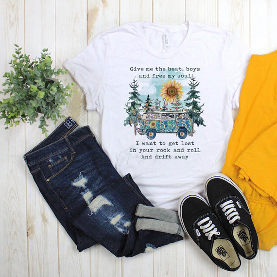 Give me the beat boys fan art hippie van Sublimation Transfer, colorful illustration on a white T-shirt featuring a retro van decorated with flowers, surrounded by trees and musical notes.