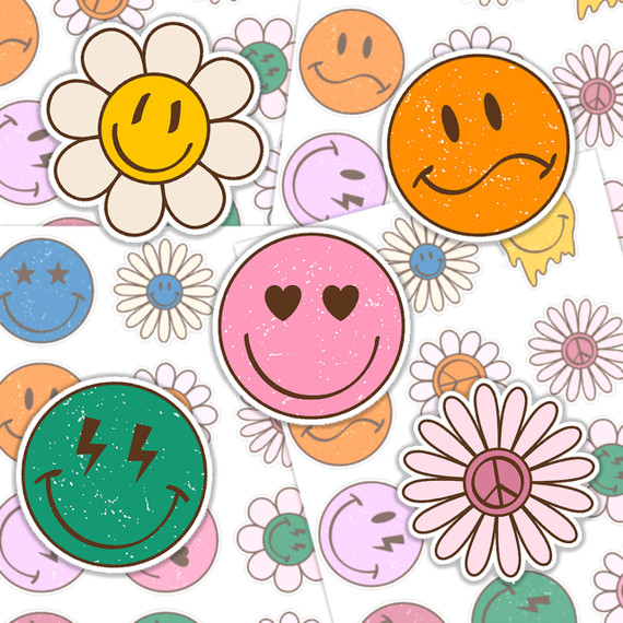 Retro Happy Variety Pack Sticker Sheet, colorful stickers featuring smiling faces, daisies, and peace symbols with vintage design.