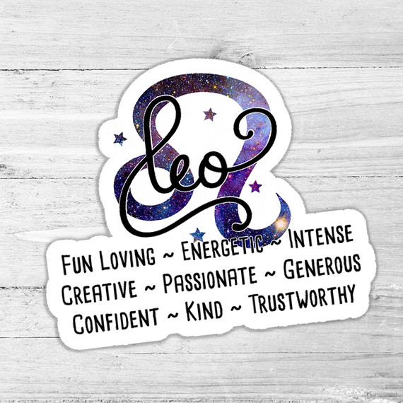 Leo Zodiac Traits Die Cut Sticker, colorful galaxy design with zodiac sign and personality traits listed.