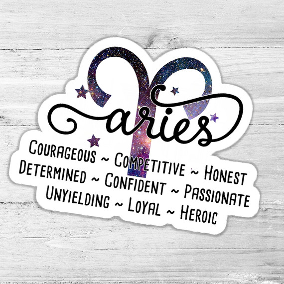 Aries Zodiac Traits Die Cut Sticker, colorful galaxy-themed Aries symbol with personality traits listed.
