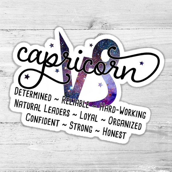 Capricorn Zodiac Traits Die Cut Sticker, galaxy-themed Capricorn zodiac symbol with traits listed.