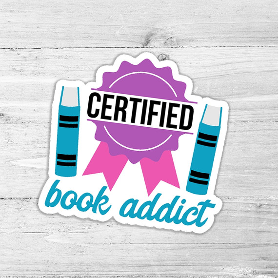Certified Book Addict Die Cut Sticker, colorful sticker with books and ribbon design for book lovers.