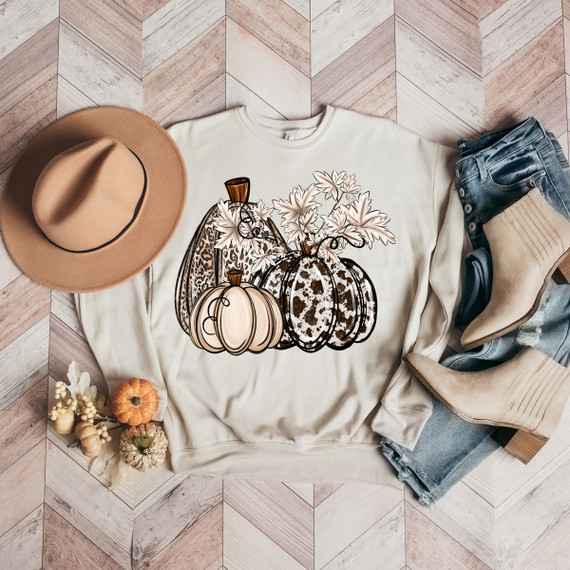 Boho Neutral Pumpkins DTF Transfer, fall-themed graphic design featuring pumpkins with boho patterns and neutral tones on a white sweatshirt surrounded by autumn accessories.