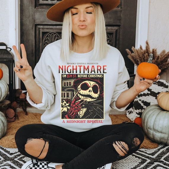 Product A Midnight Special DTF Transfer, Halloween-inspired skeleton graphic with Nightmare on Elm Street theme and text design.