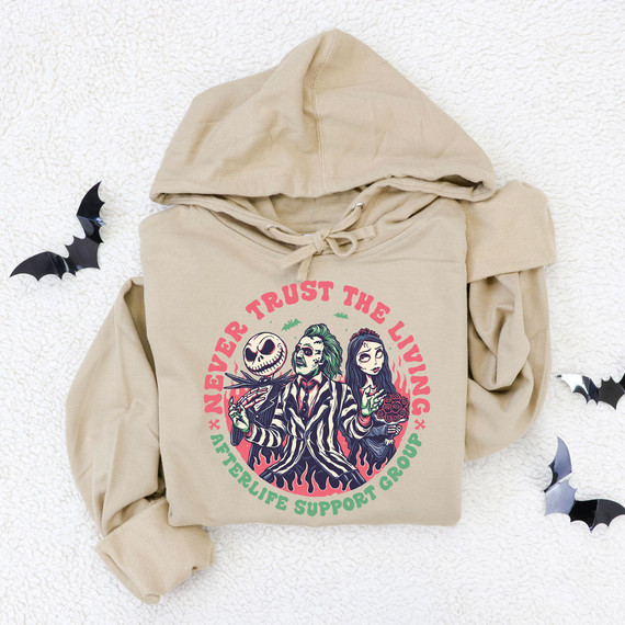 Afterlife Support Group DTF Transfer hoodie, beige hoodie with colorful graphic design featuring spooky characters and text.