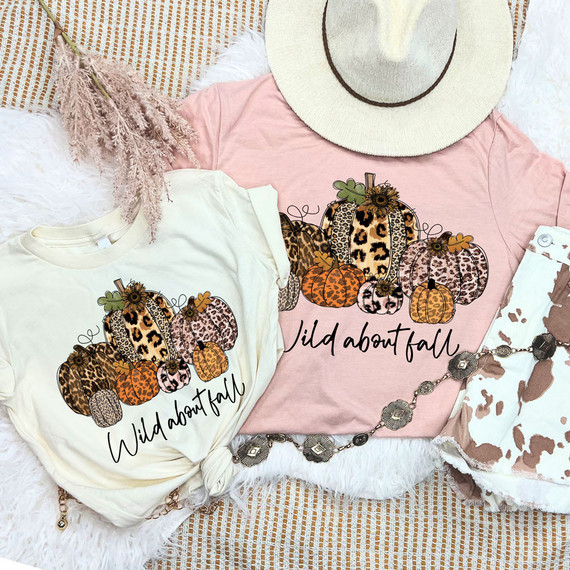 Wild About Fall Pumpkins DTF Transfer, autumn-themed design featuring various patterned pumpkins on pink and white t-shirts, with a hat and floral accessories in the background.