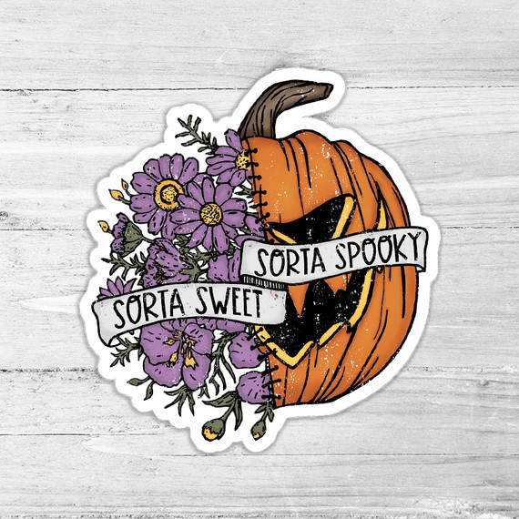 Sorta Sweet, Sorta Spooky Die Cut Sticker featuring a carved pumpkin with a black cat face and purple flowers, Halloween themed sticker with humorous text.