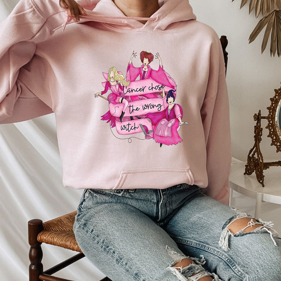 Cancer Chose The Wrong Witch DTF Transfer, pink hoodie with cartoon witches and humorous text.