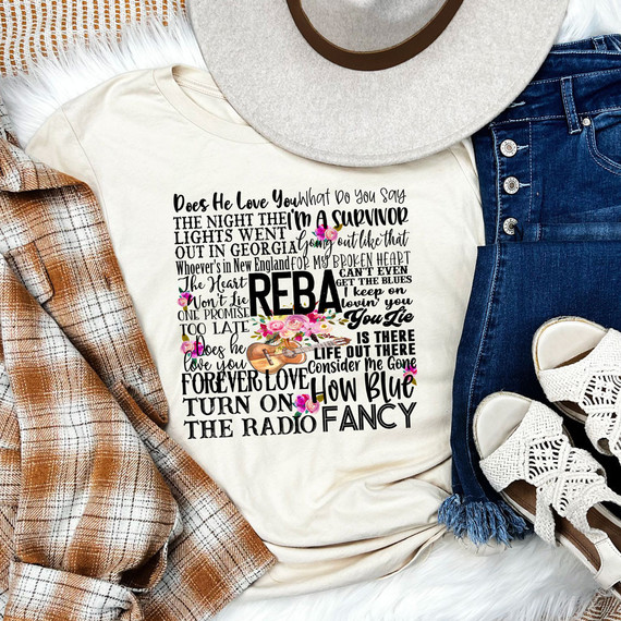 Reba Word Art DTF Transfer, colorful graphic T-shirt with poem and floral design, casual outfit with jeans, shoes, and hat.